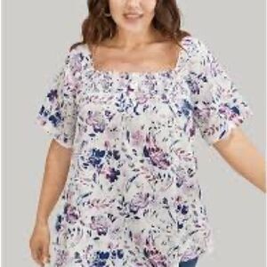 BloomChic White Floral Square-Neck Blouse with Pink & Blue Accents